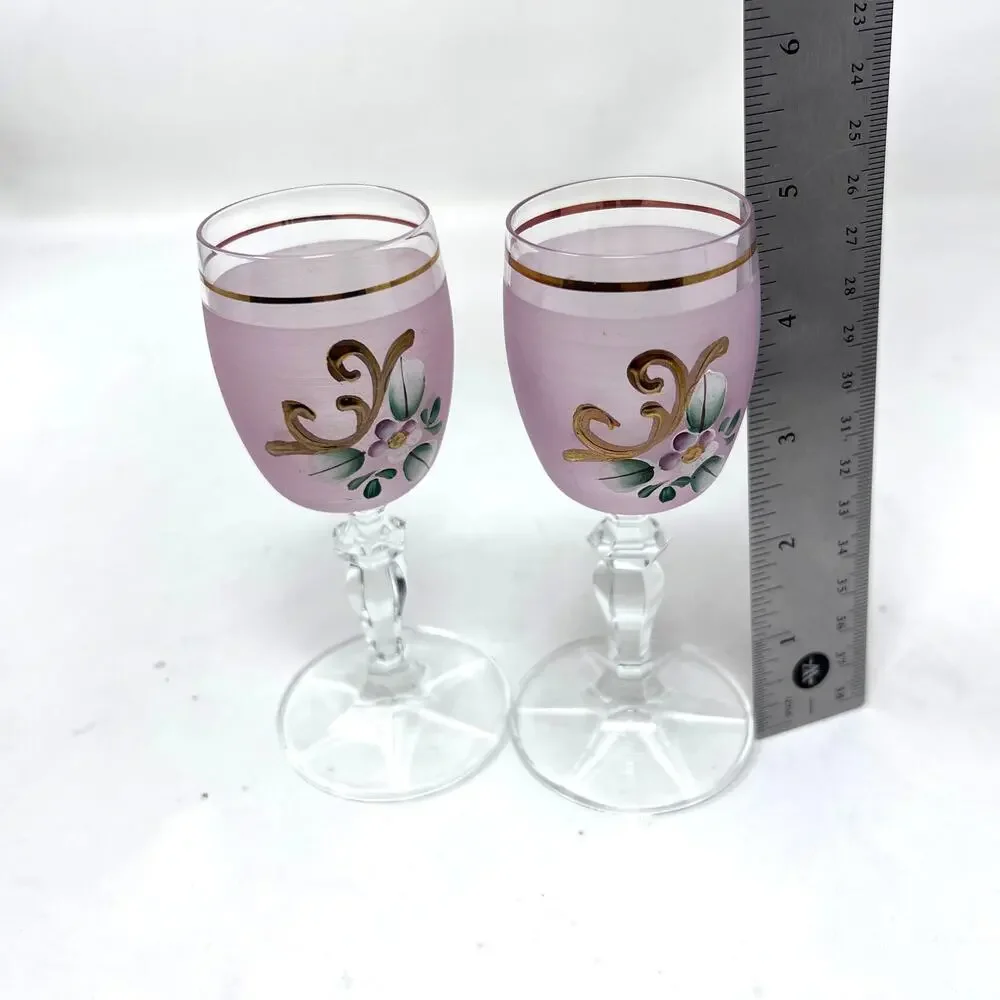 Hand Painted Bohemian Pink Cordial Glasses Set of 2‎ Gold Trim Flower VTG